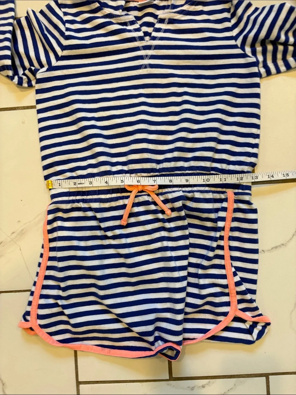 Gymboree Blue, White Striped Hooded Dress/Swim Cover with Coral Trim - size 7/8